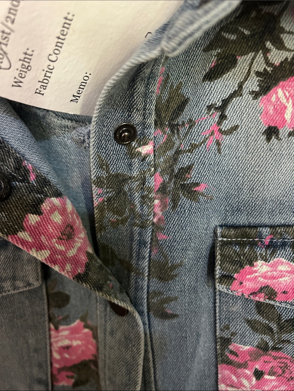 NWT BiBi Pink Floral Washed Blue Denim Peplum Jacket - Picture 6 of 8